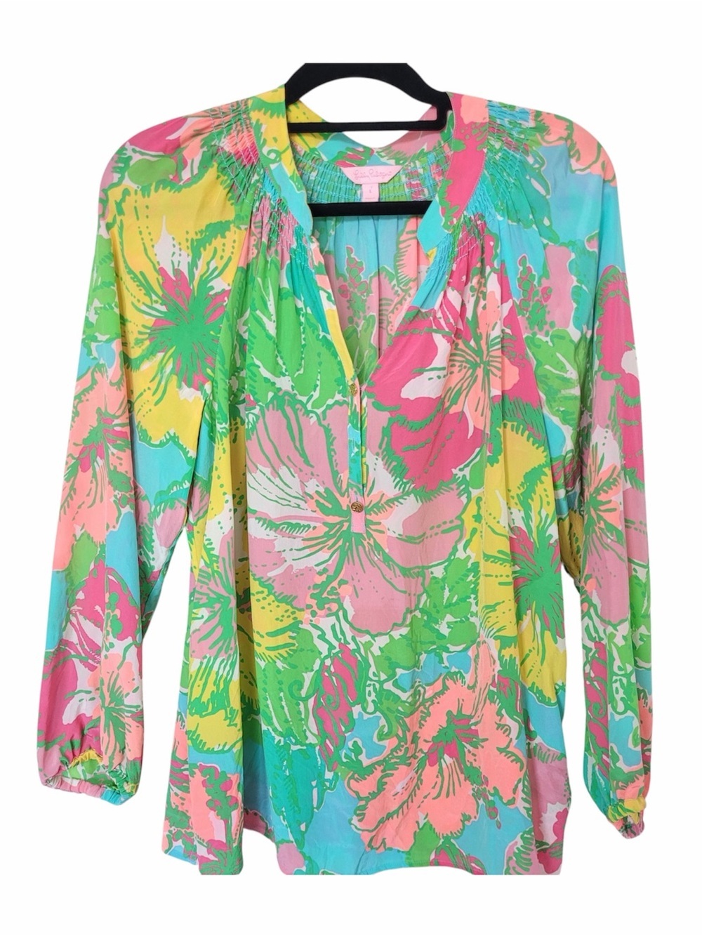 ✅ Lilly Pulitzer multicolor Floral Printed 100% silk long sleeve blouse size L